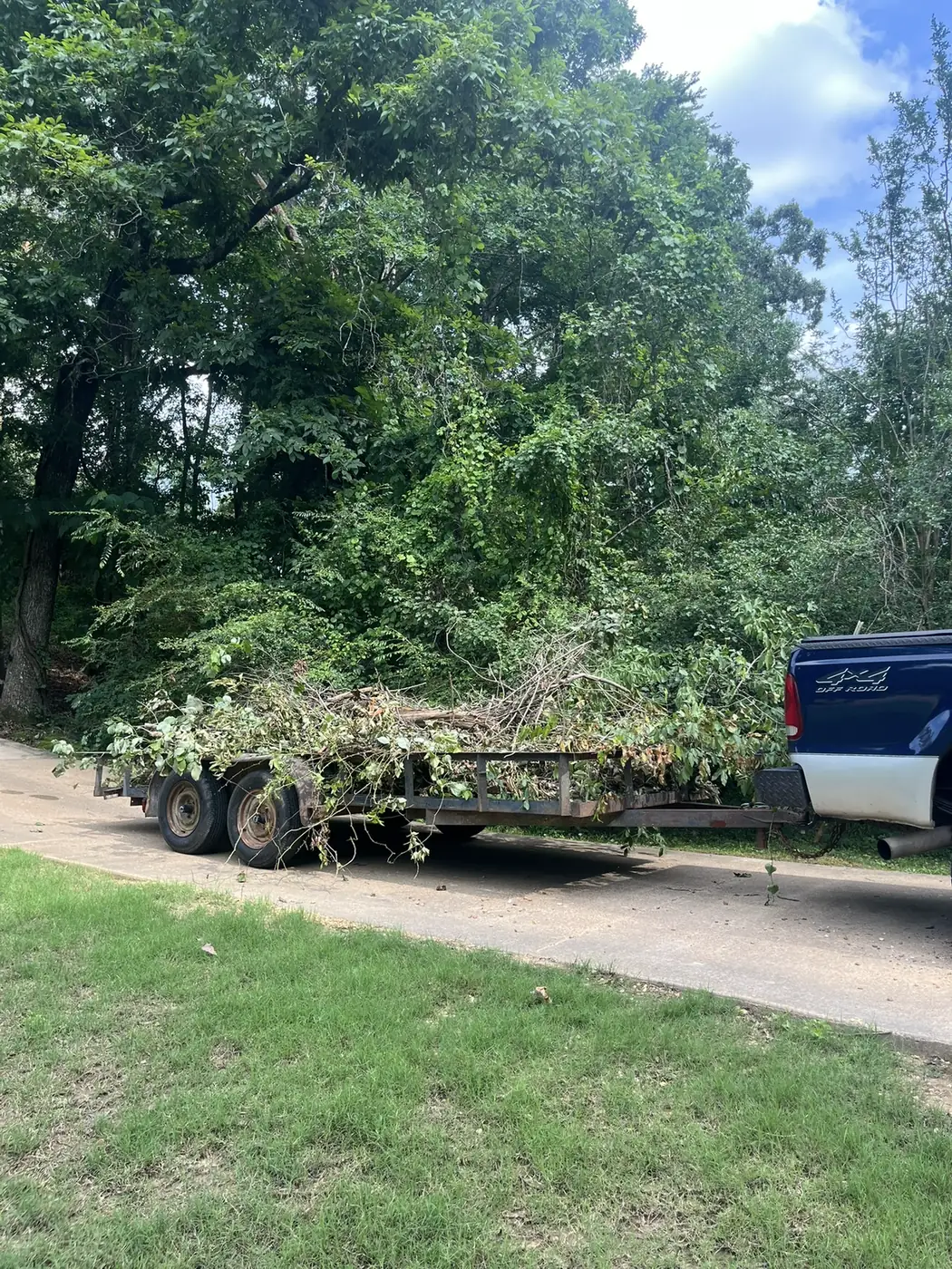 Flatbed trailer loaded with cut tree branches and brush beside a blue metal barn near Oxford, MS